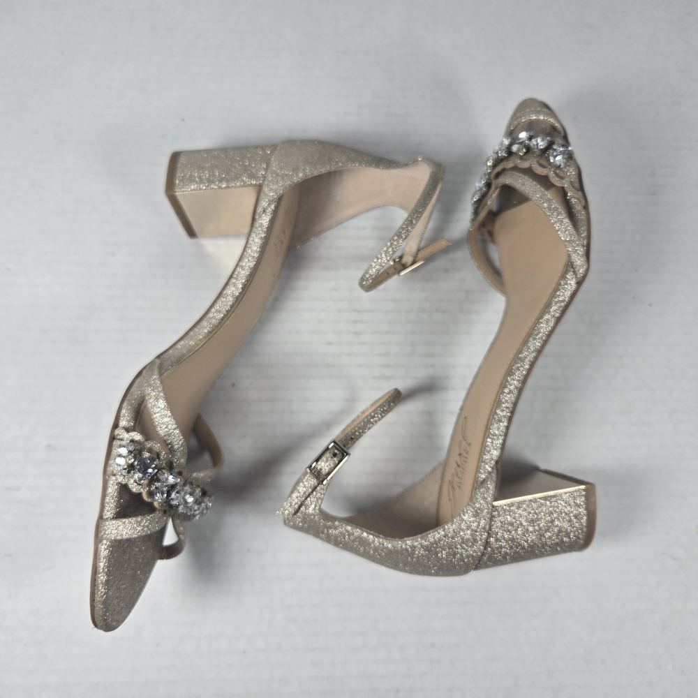 Jewel Badgley Mischka Giona Gold Jeweled Ankle Strap Block Heels Size 8 - Picture 6 of 15